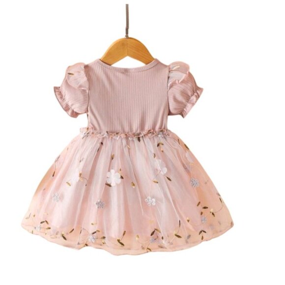 Shein Baby Girls Mesh Embroidery Flower Trim‎ Short Sleeve Dress - Size 2-3Y - Picture 2 of 5